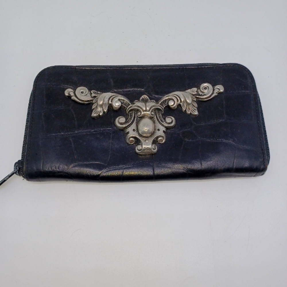 Vintage Glenn Miller designs for Ann Turk Blk Leather Wallet Ornate Silver Crest